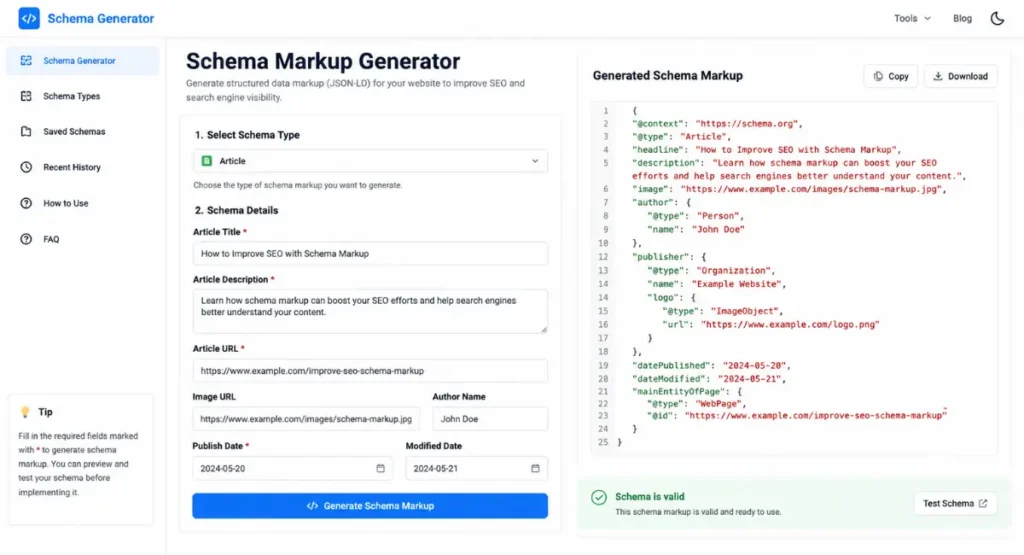 Schema Markup Generator interface showing JSON-LD structured data generation and validation