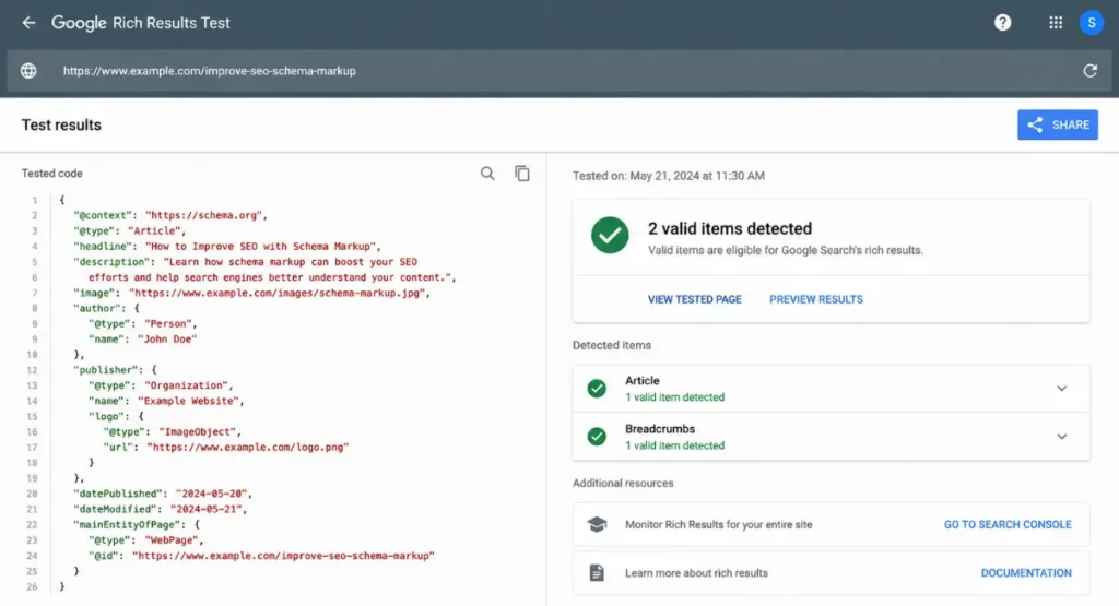 Schema Markup Generator output showing valid JSON-LD structured data in Google Rich Results Test